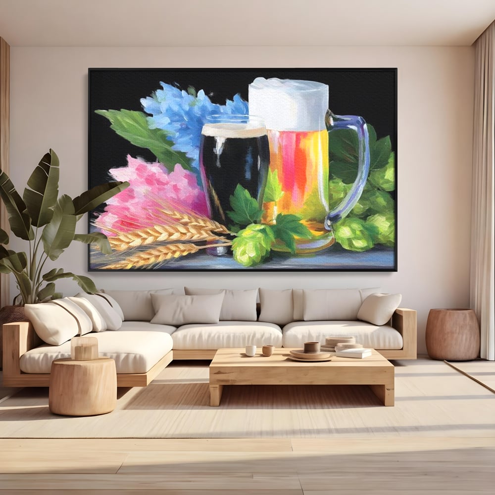 Tablou canvas cu tablou canvas cu bere si flori, in rama de aluminiu negru, pe perete intr-un living